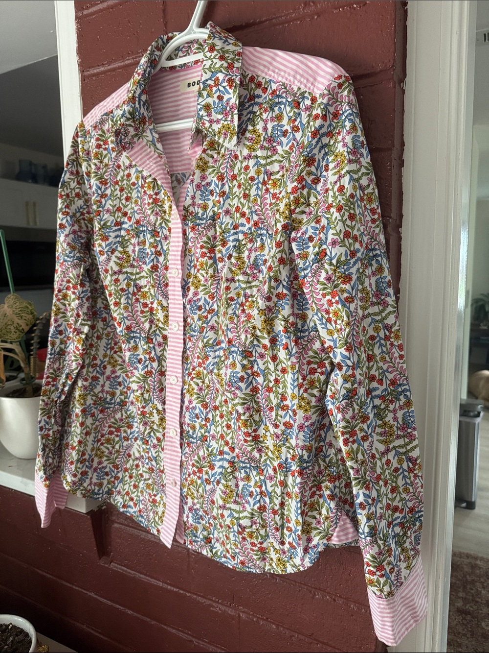 Boden Multicolor Floral Button-Down Shirt with Pink and White Stripes Size 10 - Picture 6 of 9